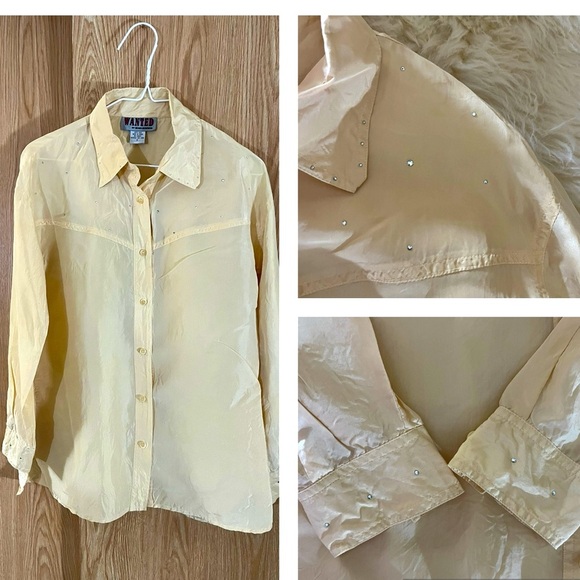 Cream 100% Silk Crystal Rhinestone Blouse - Picture 7 of 7